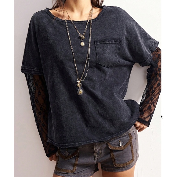 Women's Black Lace-Sleeve Long Sleeve Tee - Picture 5 of 6